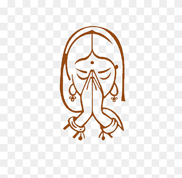 Line art illustration of a woman in namaste gesture with traditional Indian adornments and closed eyes.