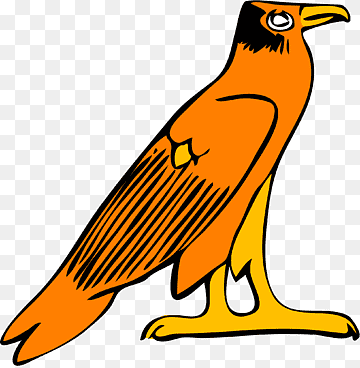 Stylized orange bird with black head, yellow beak and legs, and striped wing feathers, depicted in cartoon illustration style.