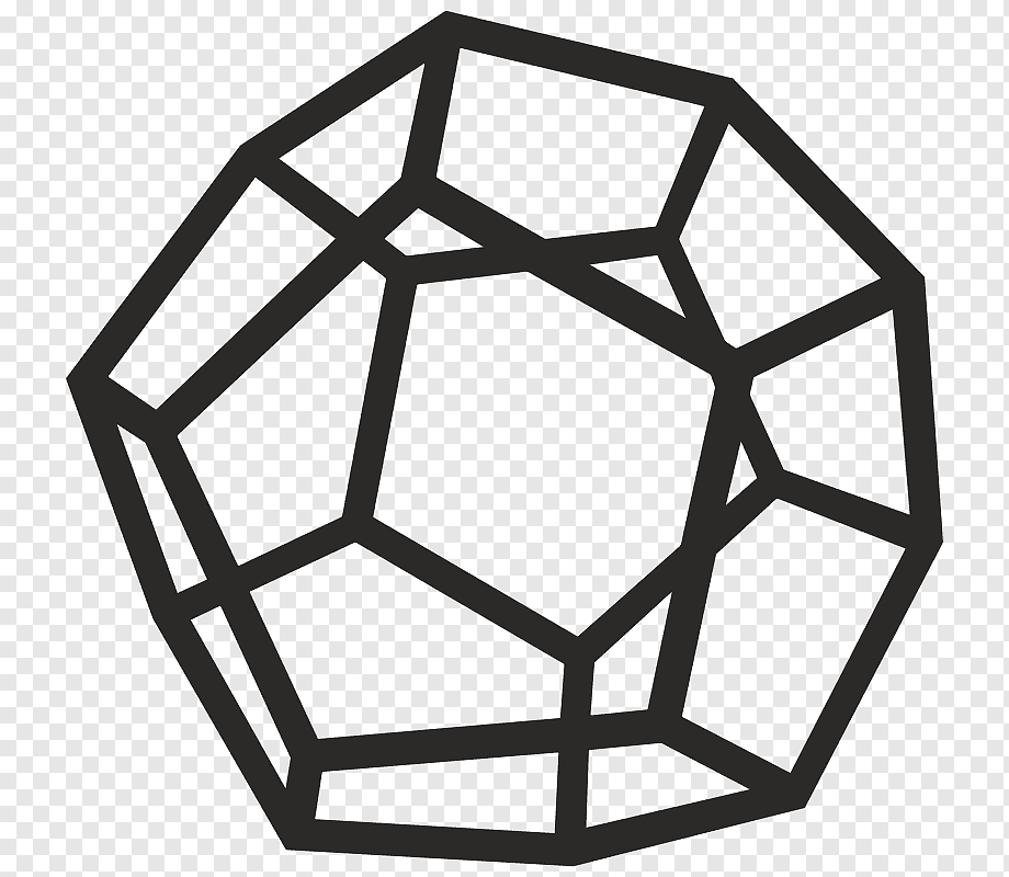 Black line drawing of a complex polyhedron with intersecting faces on transparent background.