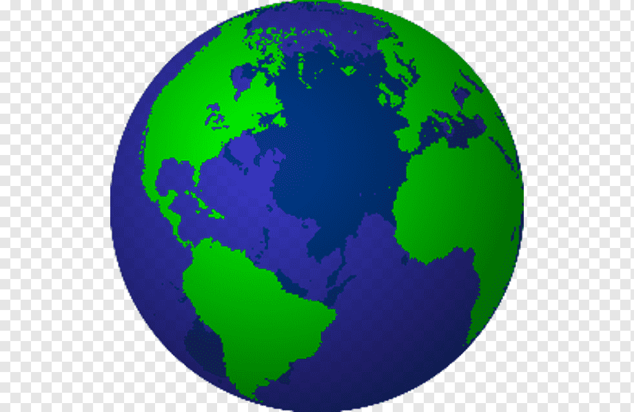 Stylized 3D Earth globe with green continents and blue oceans on transparent background.