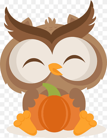 Cute cartoon owl hugging a pumpkin with closed eyes and smiling expression.