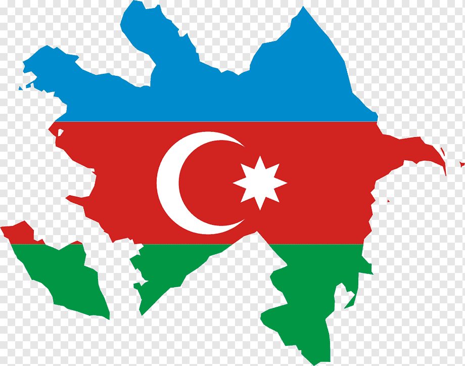 Map of Azerbaijan overlaid with its national flag-blue, red, and green stripes with a white crescent and star.
