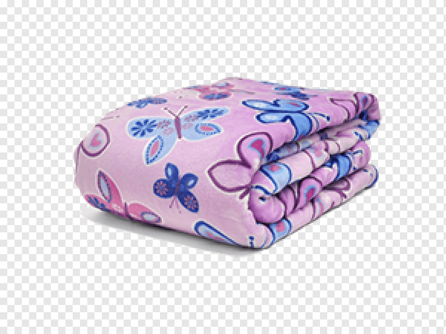 Soft pink folded fleece blanket with blue and purple butterfly pattern on white background.