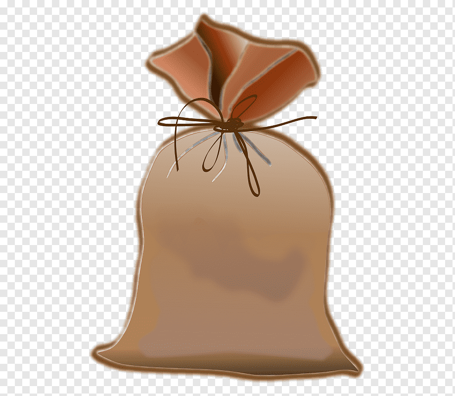 Brown cloth sack tied with a rope, filled and gathered at the top, on transparent background.