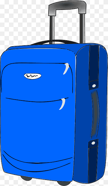 Blue hard-shell rolling suitcase with telescopic handle and front pocket logo.