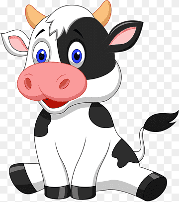Cute cartoon black-and-white cow sitting with big blue eyes and a smiling pink nose.