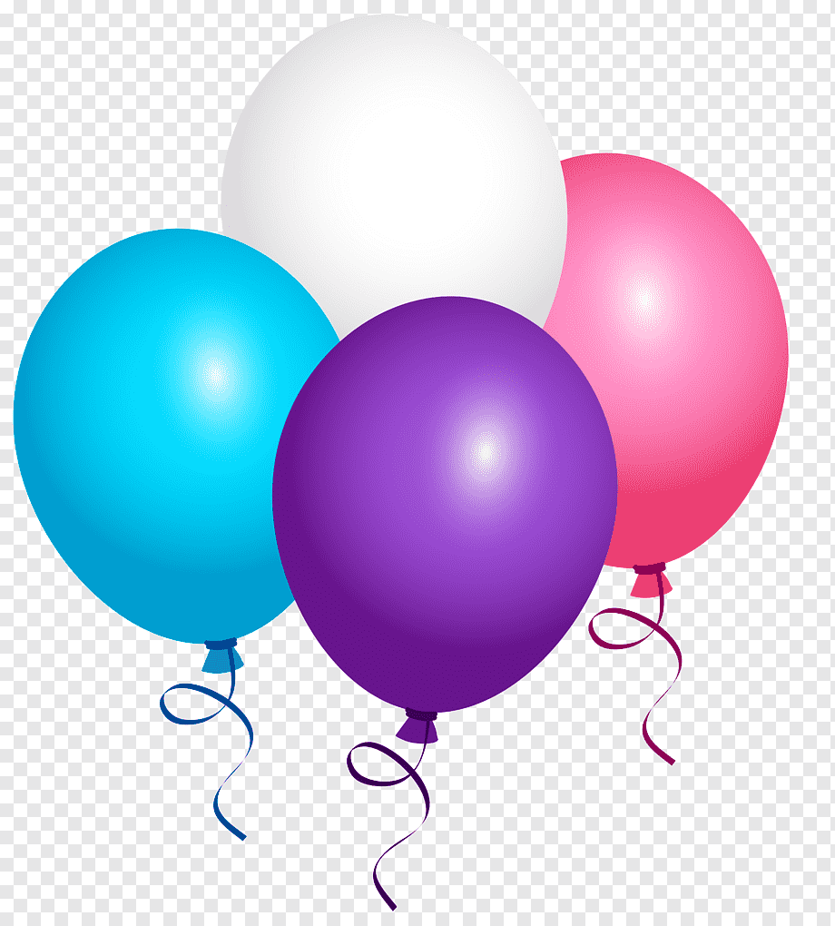 Four colorful party balloons-cyan, white, purple, and pink-with curly ribbons against a transparent background.