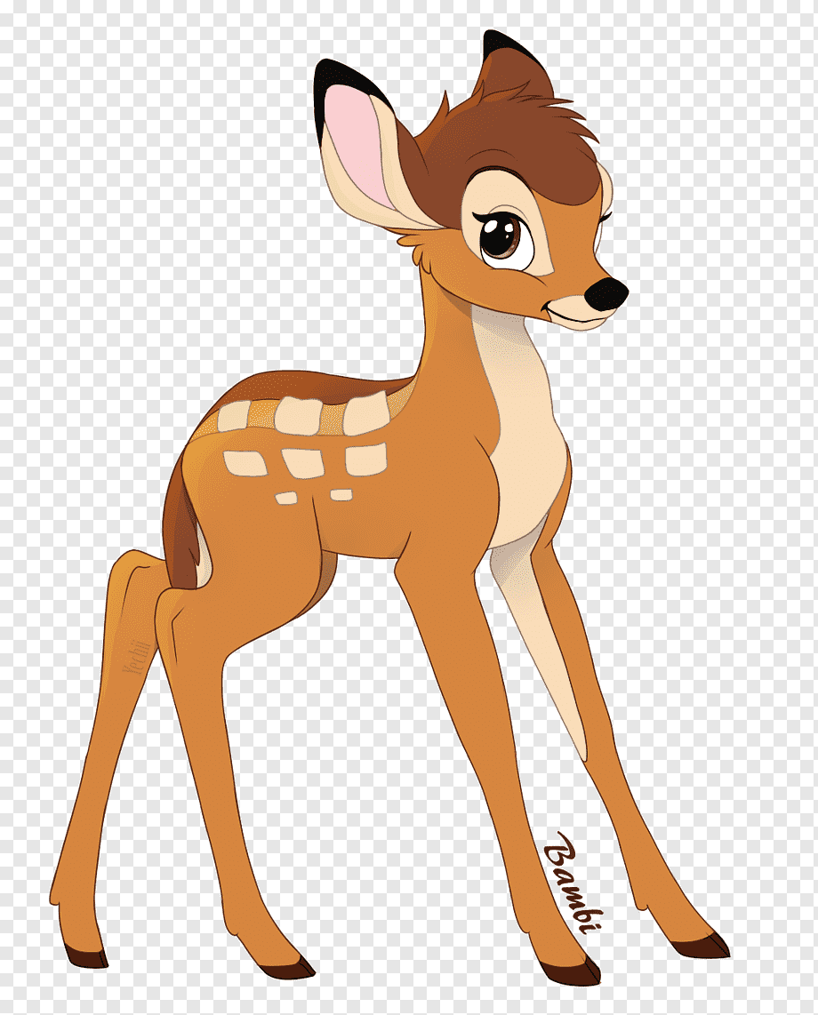 Bambi, the iconic Disney fawn character, standing with large eyes and white spots on his back.