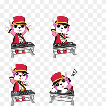 Pink cartoon cat DJ in red uniform with turntables, four expressive poses on transparent background.