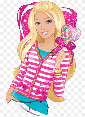 Barbie with blonde hair, pink striped jacket, holding a heart-shaped lollipop and smiling.