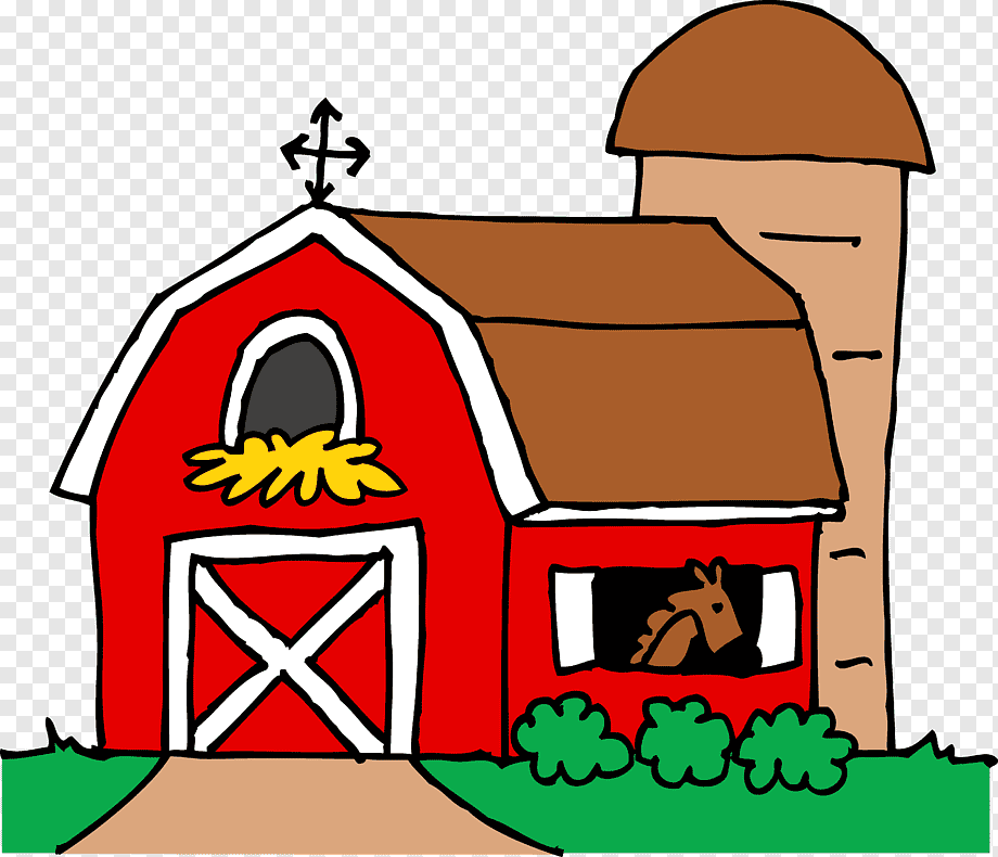 Red barn with white trim, hay bale, horse in window, silo, and weather vane on a farm scene.