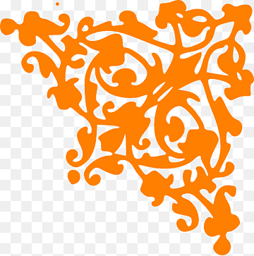 Vibrant orange ornamental corner flourish with intricate scrollwork and floral motifs on transparent background.