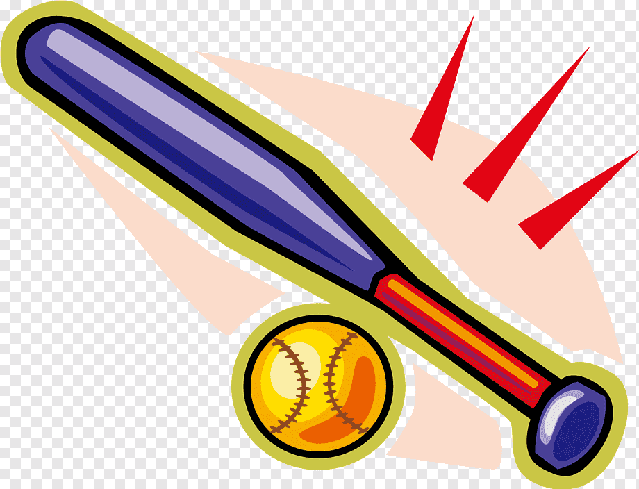 Cartoon baseball bat striking a ball with motion and impact effects.