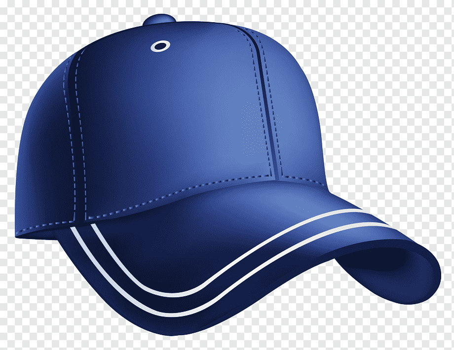 Blue baseball cap with white stripes on brim and stitched panels, shown on transparent background.