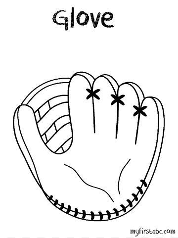 Black-and-white line drawing of a baseball glove with stars on fingers and stitching detail, labeled "Glove".