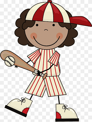 Smiling cartoon child in red-and-white striped baseball uniform holding bat and ball, wearing cap and cleats.