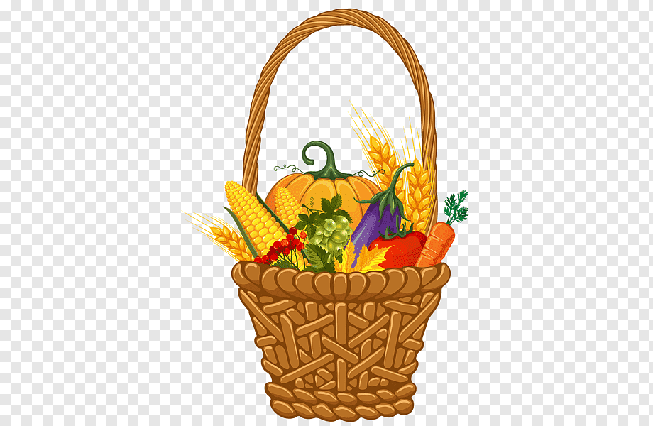 Woven basket overflowing with autumn harvest: pumpkin, corn, grapes, eggplant, carrots, wheat, and berries.