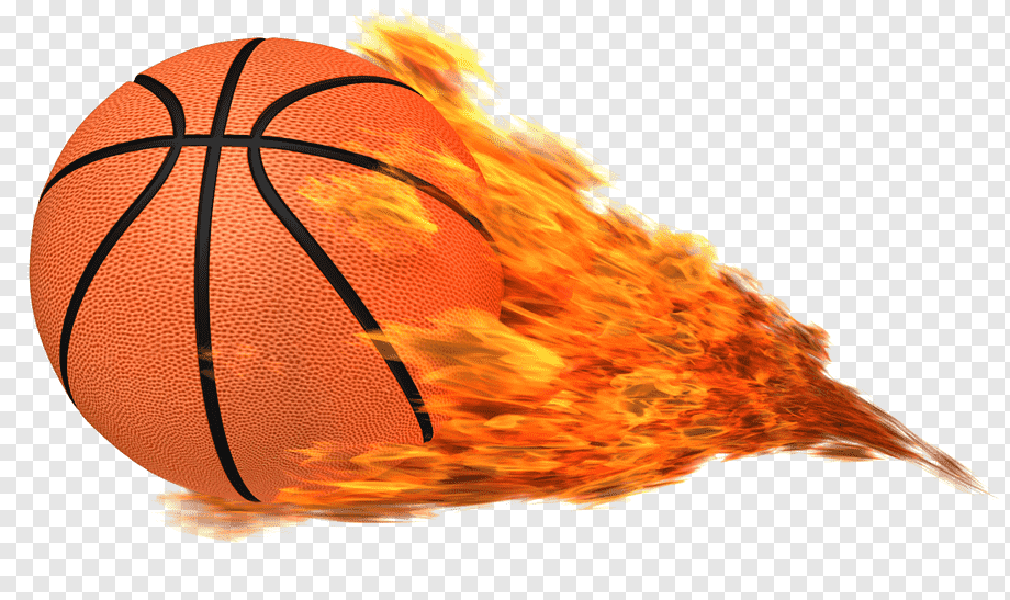 A flaming basketball with orange flames trailing behind, set against a transparent background.