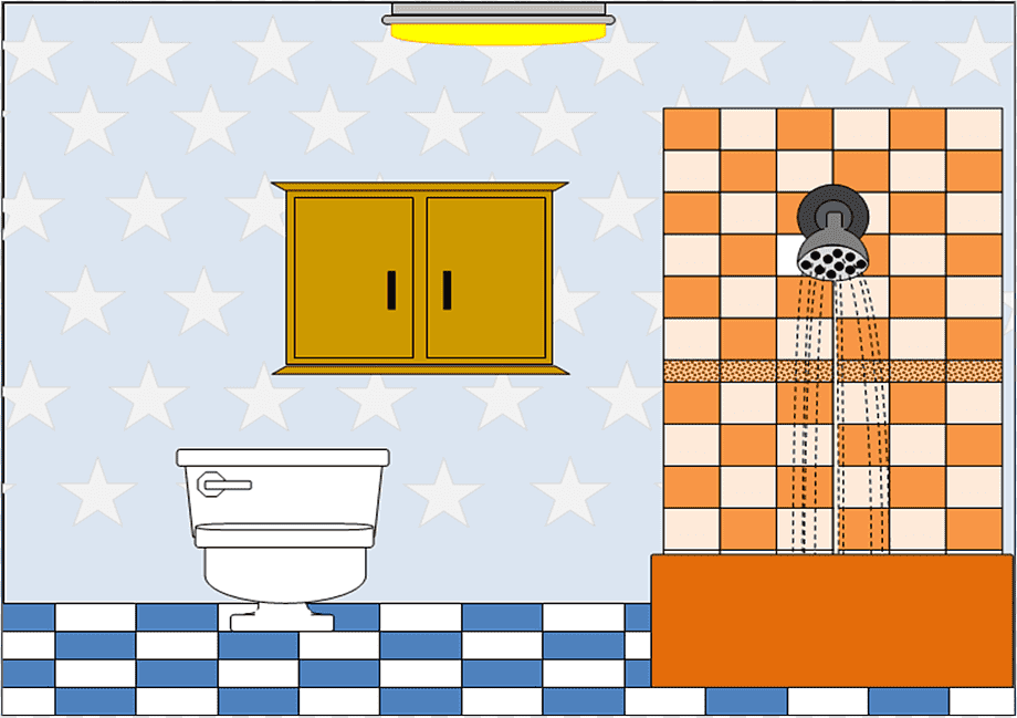 Illustrated bathroom with star-patterned walls, blue-and-white checkered floor, orange shower tiles, and wooden cabinet.