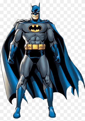 Batman in classic blue and gray suit with yellow bat emblem, flowing cape, and utility belt, standing heroically.