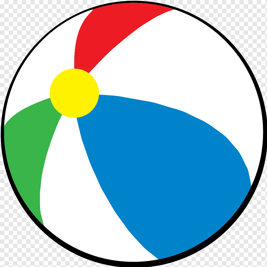 Classic colorful beach ball with red, blue, green, white panels and yellow center on transparent background.
