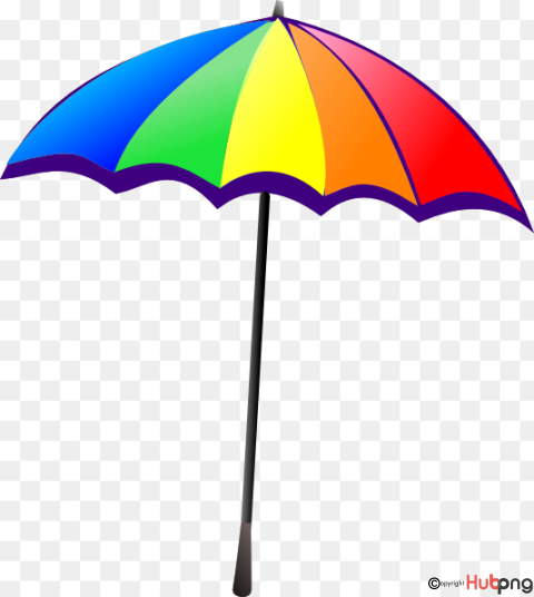 Rainbow-colored umbrella with purple trim and black handle on transparent background.