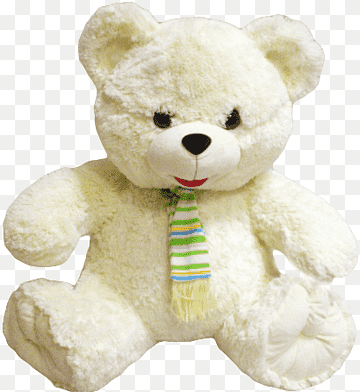 Fluffy white teddy bear with black eyes, red mouth, and striped green-blue-yellow scarf, sitting upright on transparent background.