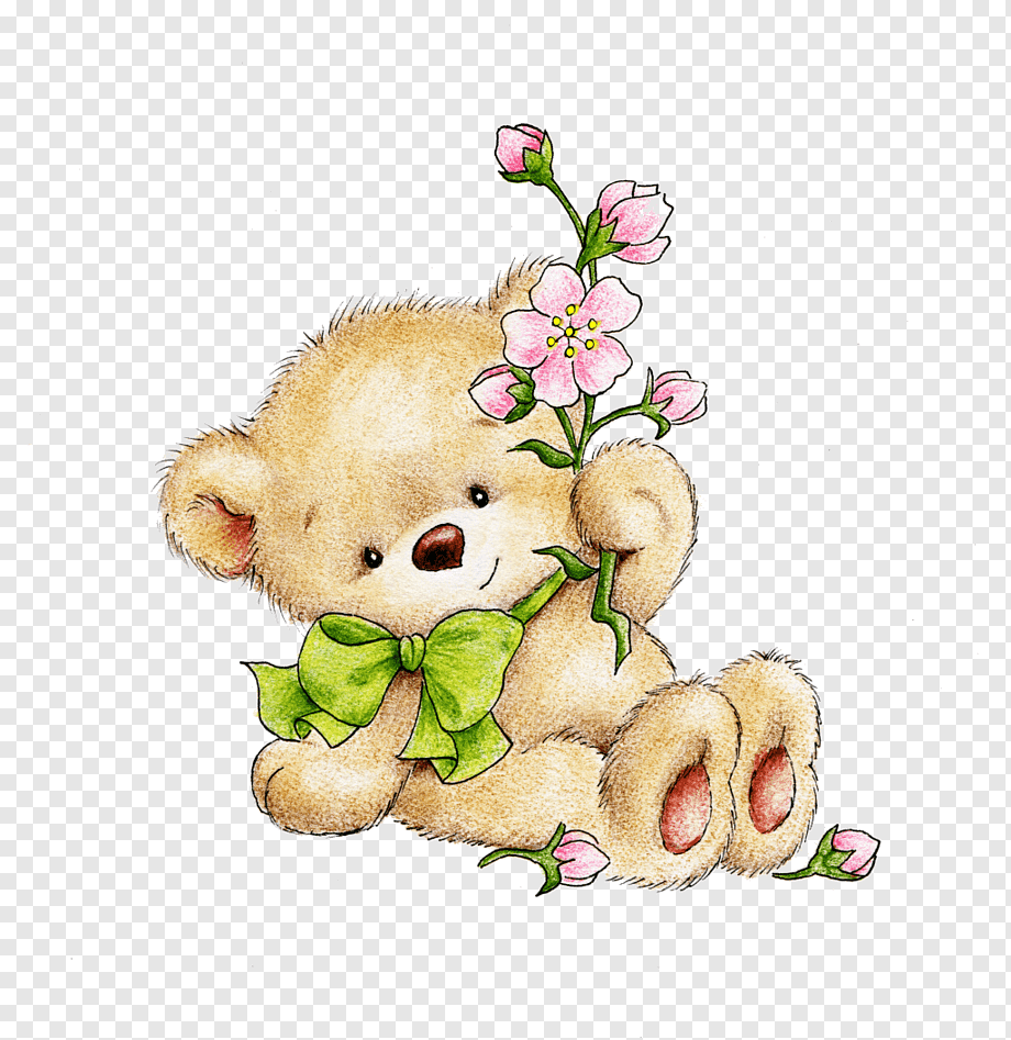 Cute beige teddy bear holding pink cherry blossoms with a green bow, sitting on transparent background.