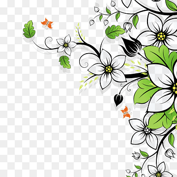 Elegant floral vector border with white blossoms, green leaves, black vines, and orange butterflies on transparent background.