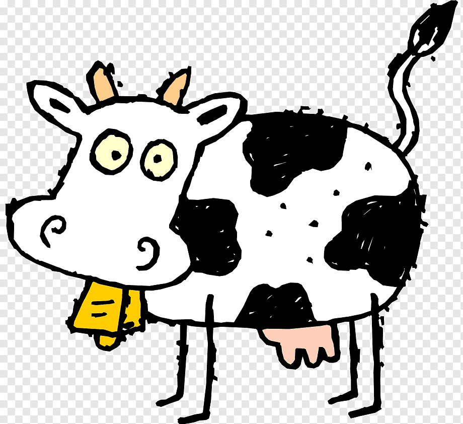Cartoon black-and-white cow with yellow bell, large eyes, and playful expression on transparent background.