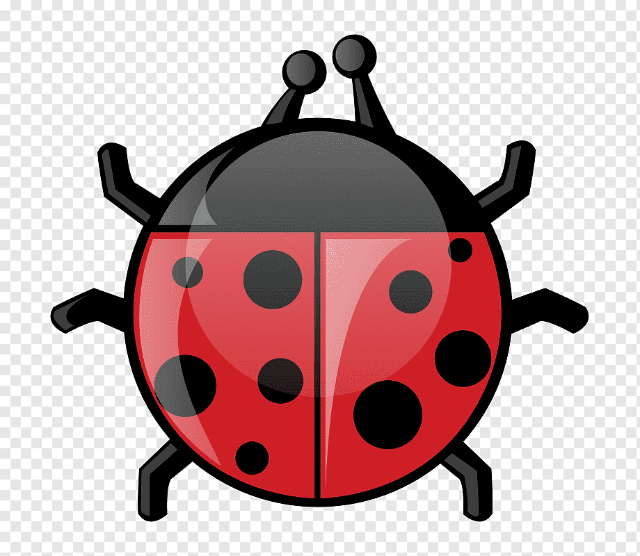 Cartoon-style red ladybug with black spots, glossy shell, and six legs on transparent background.