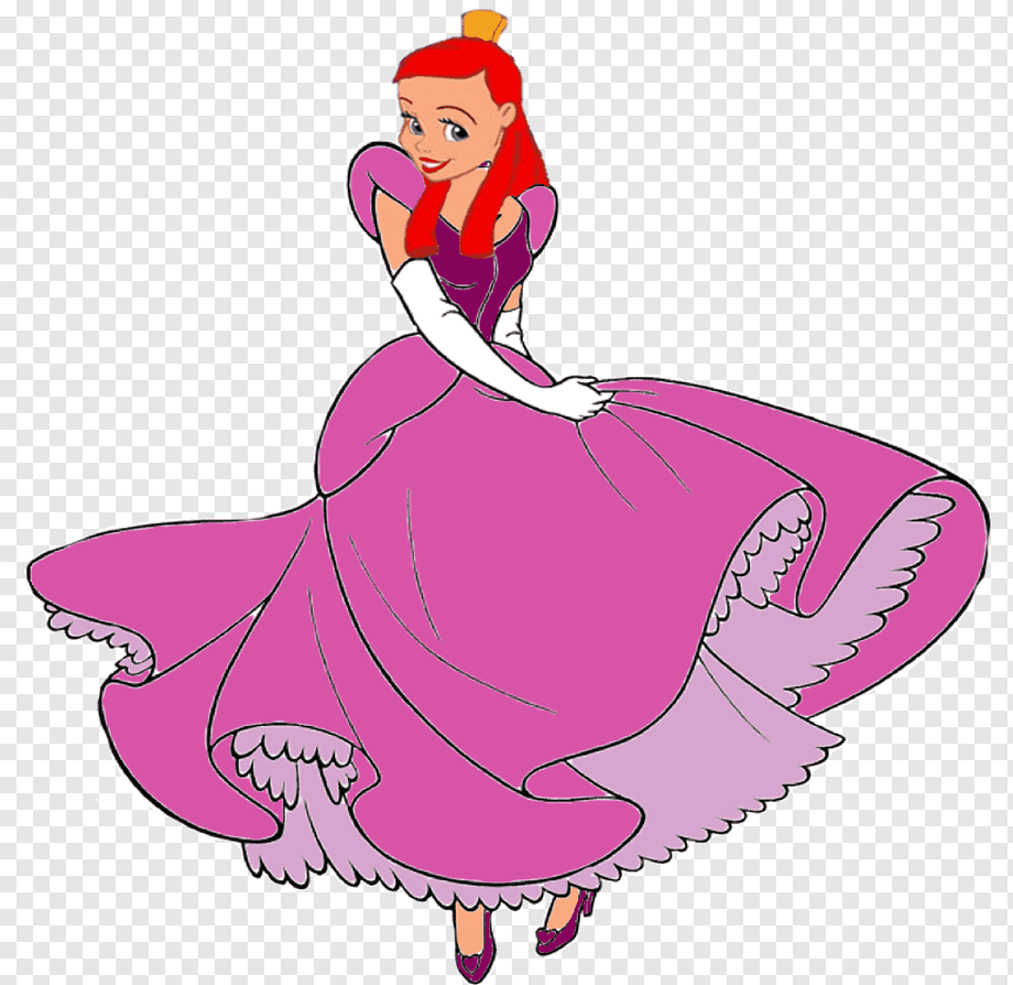 Red-haired princess in a flowing pink gown with white gloves and crown, posing gracefully.