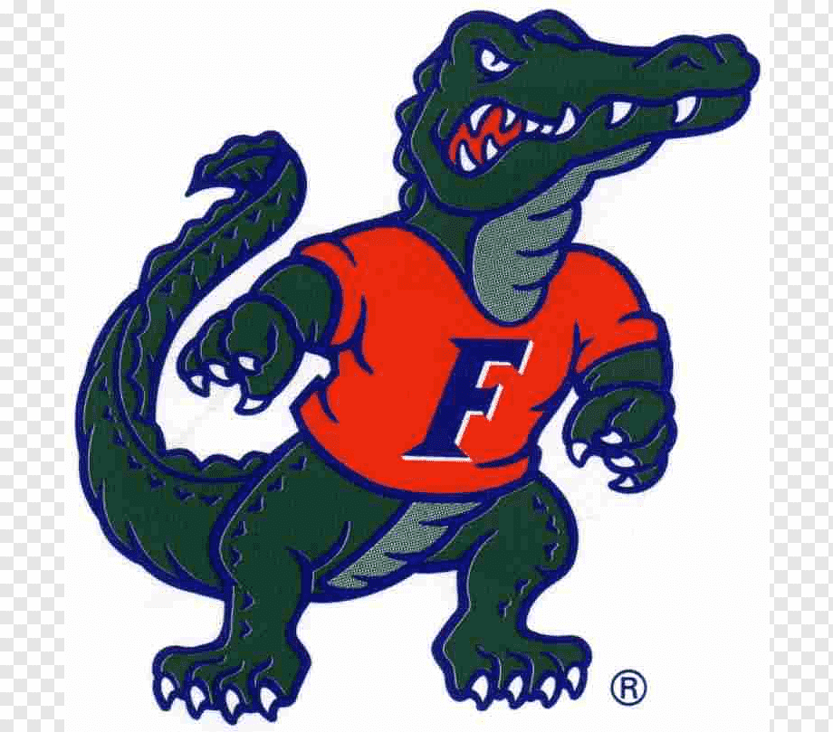 Florida Gators mascot-a green alligator in an orange jersey with a blue 'F'-in a dynamic, aggressive pose.