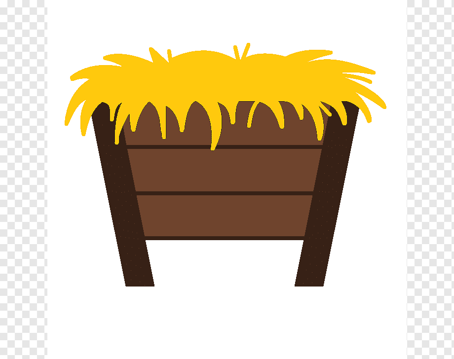 A wooden manger filled with bright yellow hay, symbolizing the nativity scene.