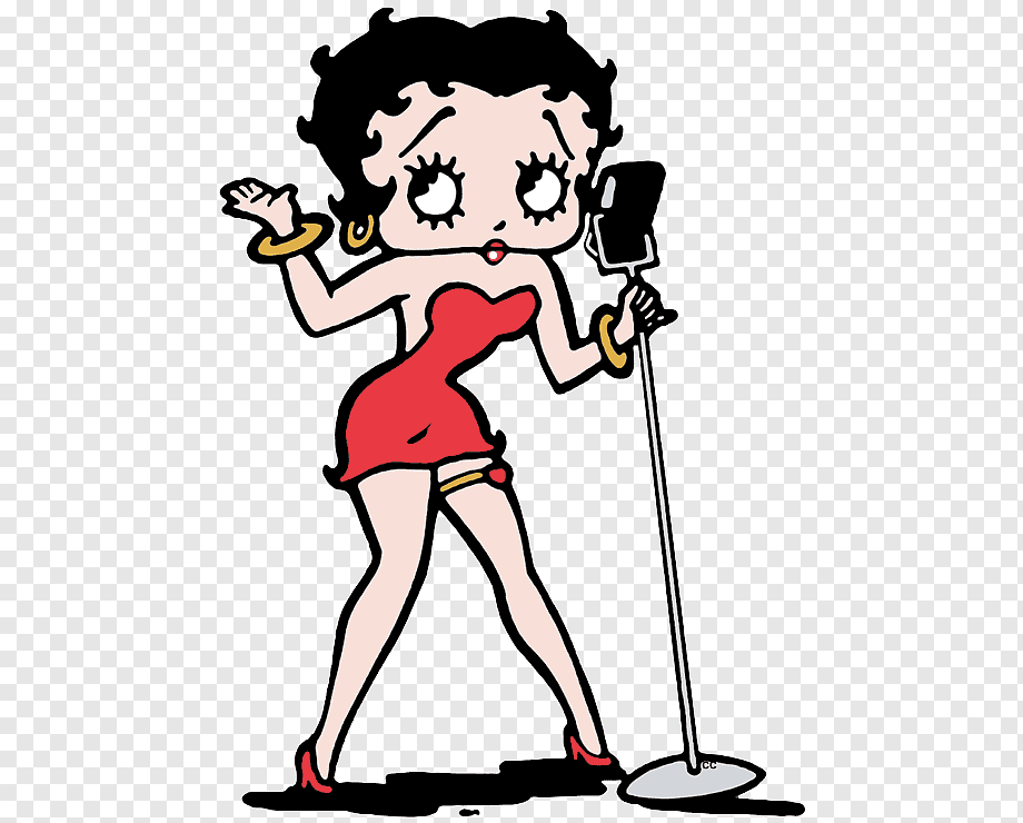 Betty Boop in a red dress singing into a vintage microphone with gold bangles and red heels.