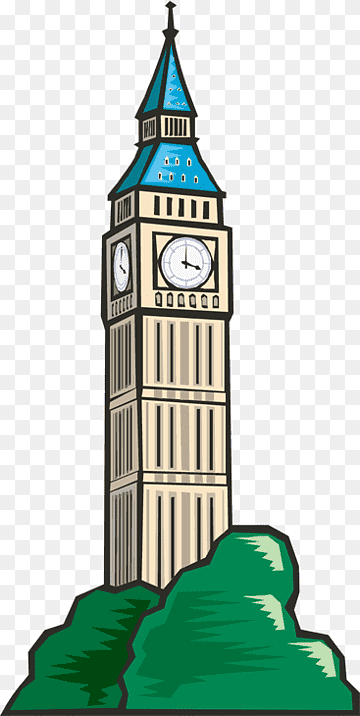 Illustrated Big Ben clock tower with blue spire and green base on transparent background.