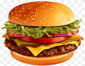 Juicy beef burger with sesame seed bun, lettuce, tomato, cheese, and sauce on a transparent background.