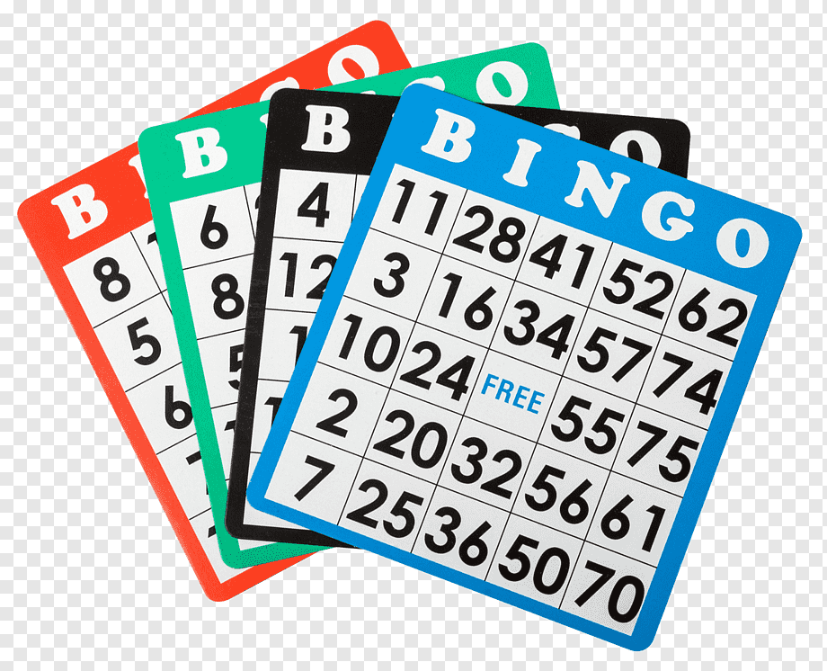 Four colorful bingo cards fanned out-red, green, black, and blue-with numbers and a central FREE space.