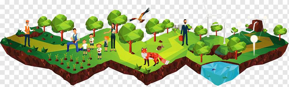Stylized isometric landscape showing people, wildlife, trees, wind turbines, and sustainable farming on a floating earth slice.