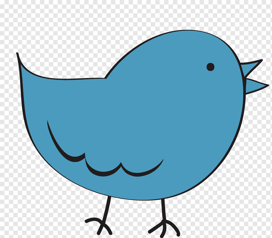 Blue cartoon bird with open beak, black outline, and simple legs on transparent background.