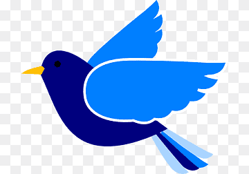 Blue stylized bird in flight with yellow beak and layered wing design on transparent background.