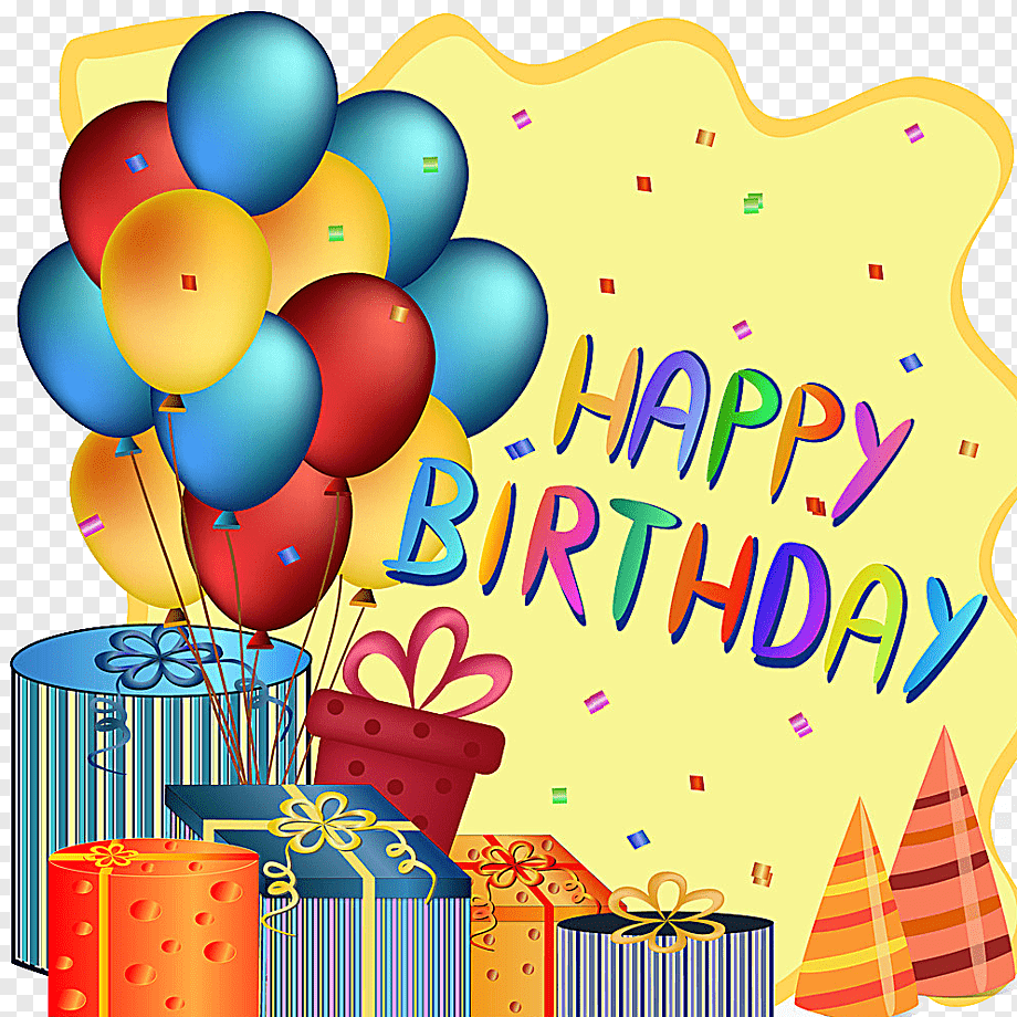 Colorful birthday celebration graphic with balloons, gifts, confetti, and "Happy Birthday" text on yellow background.