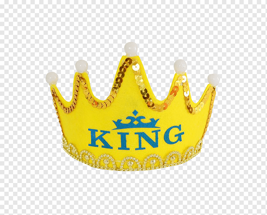 Bright yellow children's crown with "KING" text, sequins, and white珠 beads on a transparent background.