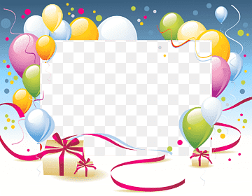 Festive birthday frame with colorful balloons, ribbons, and gift boxes on transparent background.