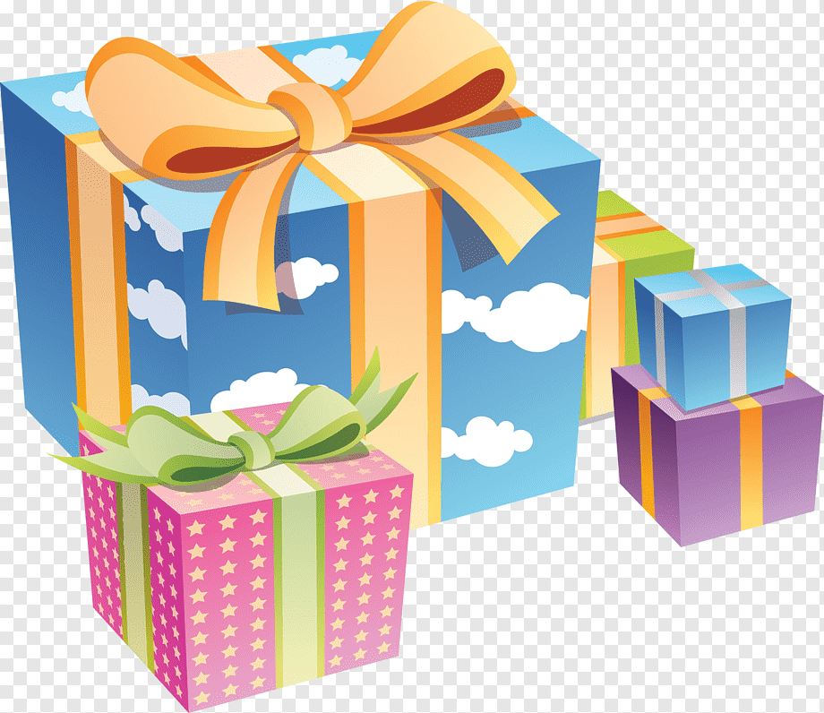 Colorful gift boxes with bows and cloud patterns, ideal for birthdays, holidays, or celebrations.