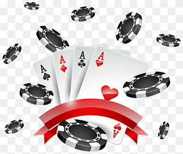 Four aces and black-and-white poker chips with a red ribbon, symbolizing winning in casino games.