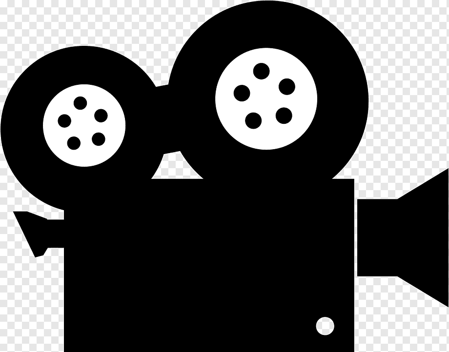 Black silhouette of a vintage film camera with two reels and a lens, on transparent background.
