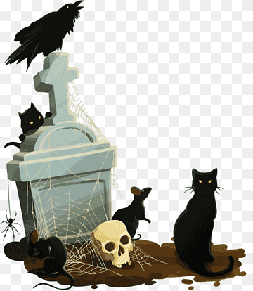 Spooky graveyard scene with black cats, a crow, skull, mice, and cobweb-covered tombstone.