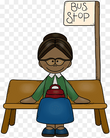 A smiling girl with glasses sits on a wooden bench at a bus stop, holding a red lunchbox and wearing a green jacket and blue skirt.