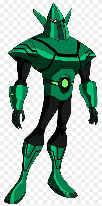 Green armored alien superhero with sharp helmet, glowing chest emblem, and black under-suit standing confidently.